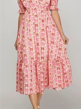 Pink Bow-Print Tiered Midi Dress